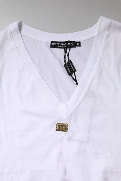 White Cotton Short Sleeve V-Neck Top T-shirt