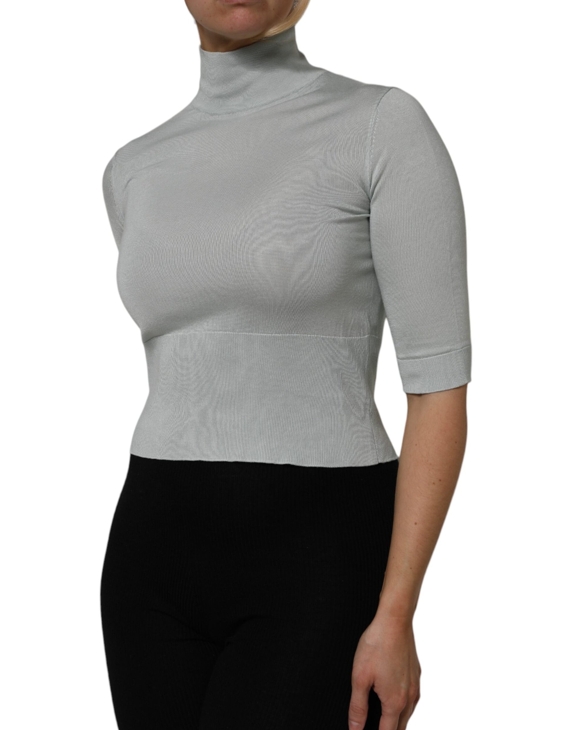 Light Green Silk Turtleneck 3/4 Sleeves Top