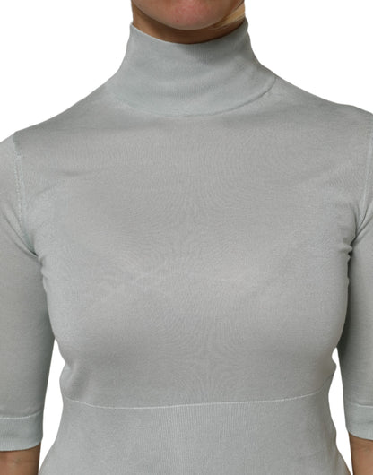 Light Green Silk Turtleneck 3/4 Sleeves Top