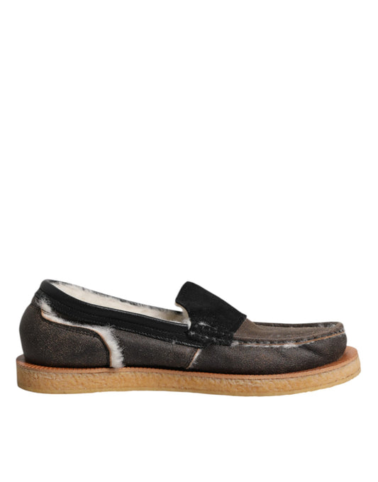 Brown White Calfskin Leather Loafers Shoes