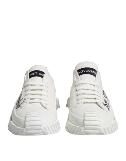 White Logo Print Lace Up Low Top Sneakers Shoes