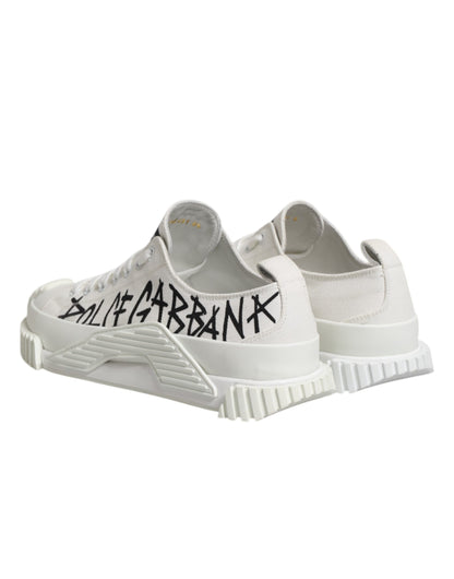 White Logo Print Lace Up Low Top Sneakers Shoes