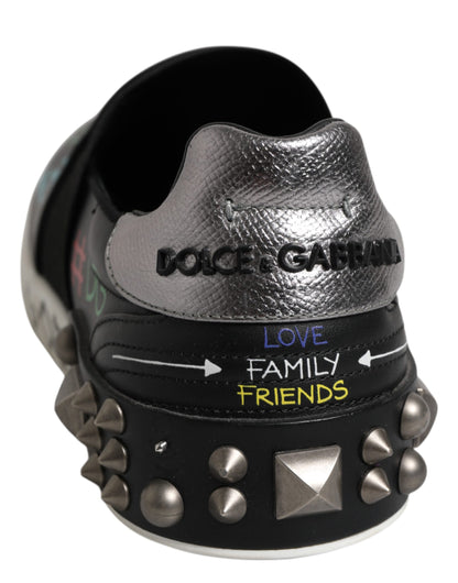 Black Leather Studded Graffiti Sneakers Shoes