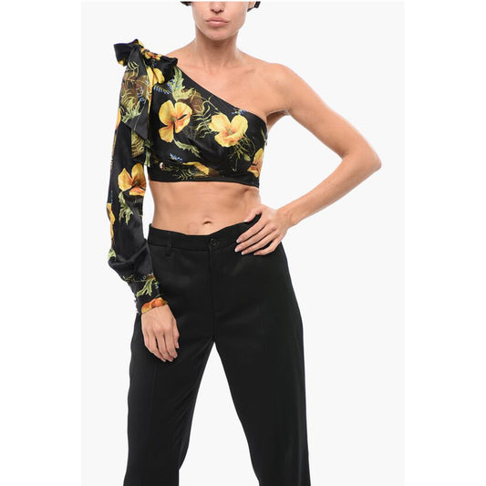 COUTURE Floral Patterned Silk One-Shoulder Crop Top with Bow
