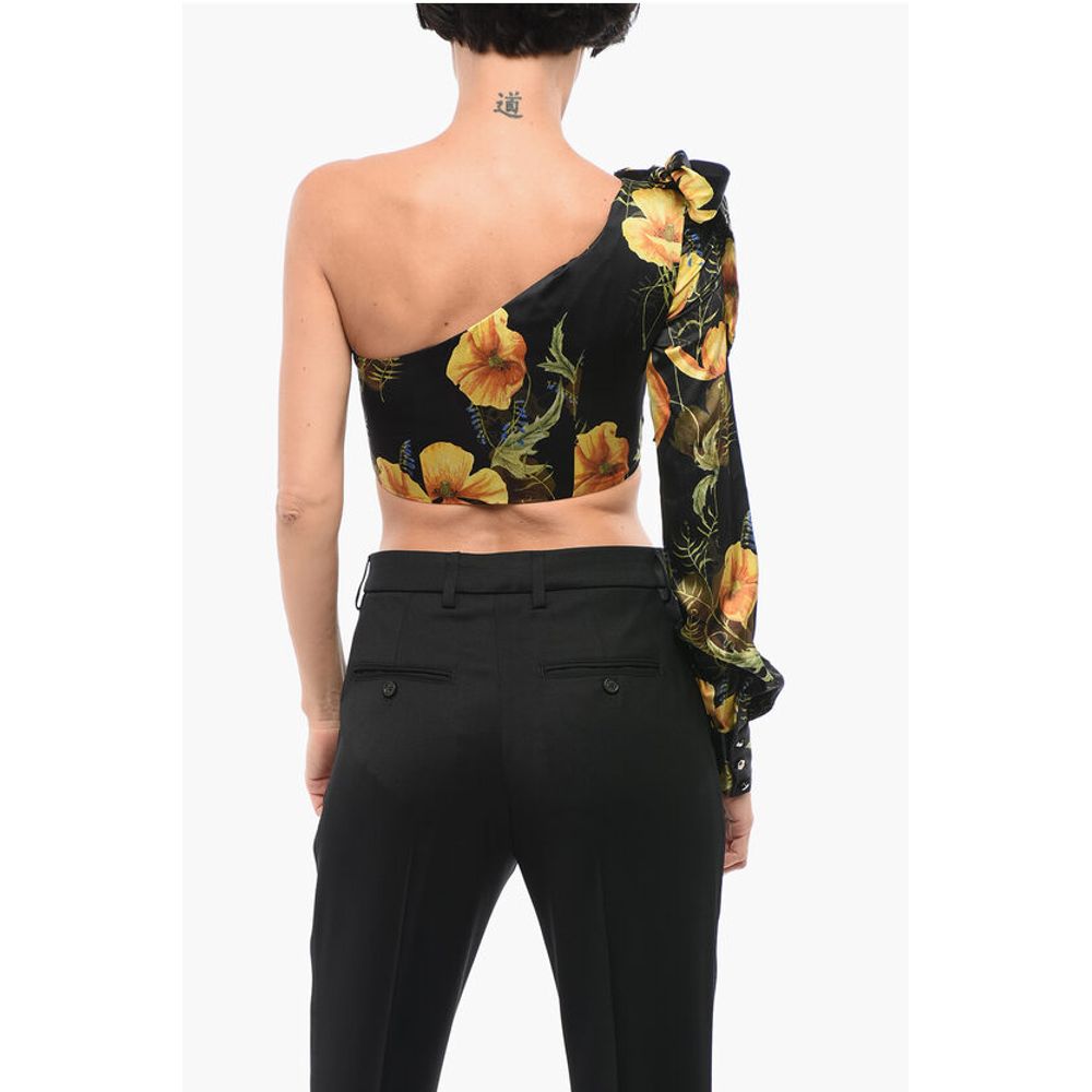 COUTURE Floral Patterned Silk One-Shoulder Crop Top with Bow