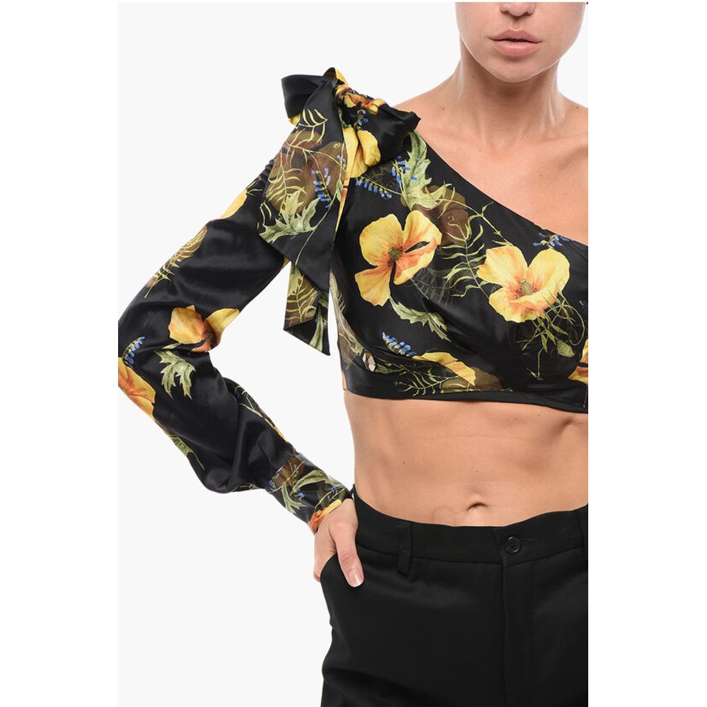 COUTURE Floral Patterned Silk One-Shoulder Crop Top with Bow