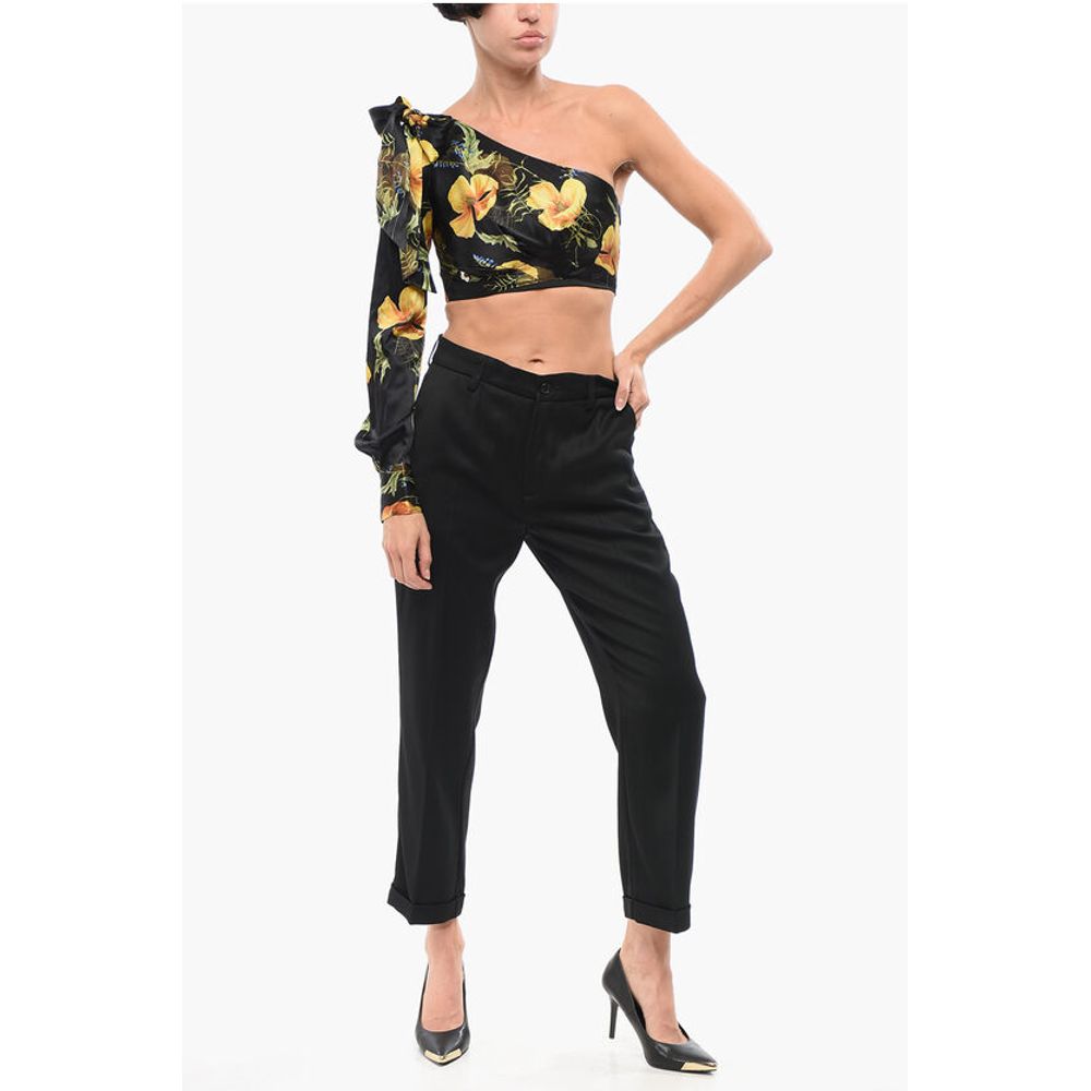 COUTURE Floral Patterned Silk One-Shoulder Crop Top with Bow