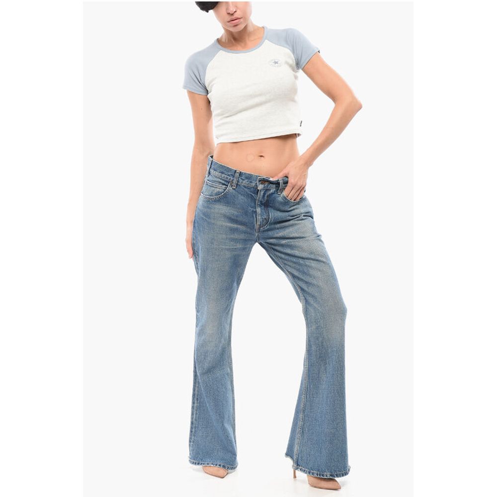 Mid Washed Bootcut Denims with Fringed Hem 30cm