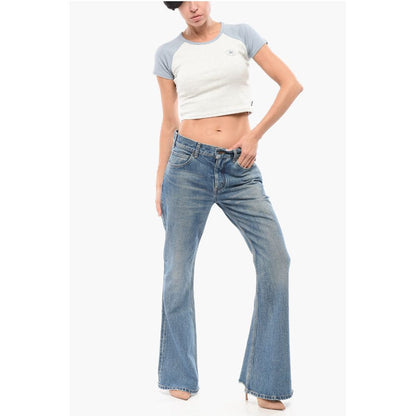 Mid Washed Bootcut Denims with Fringed Hem 30cm