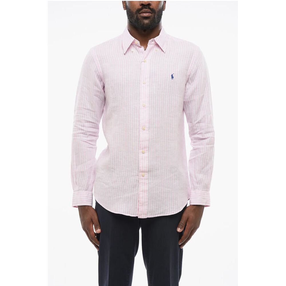 Linen Slim Fit Shirt with Awning Stripe Motif