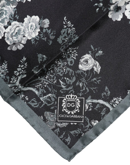 Black Floral Print Silk Square Foulard Scarf