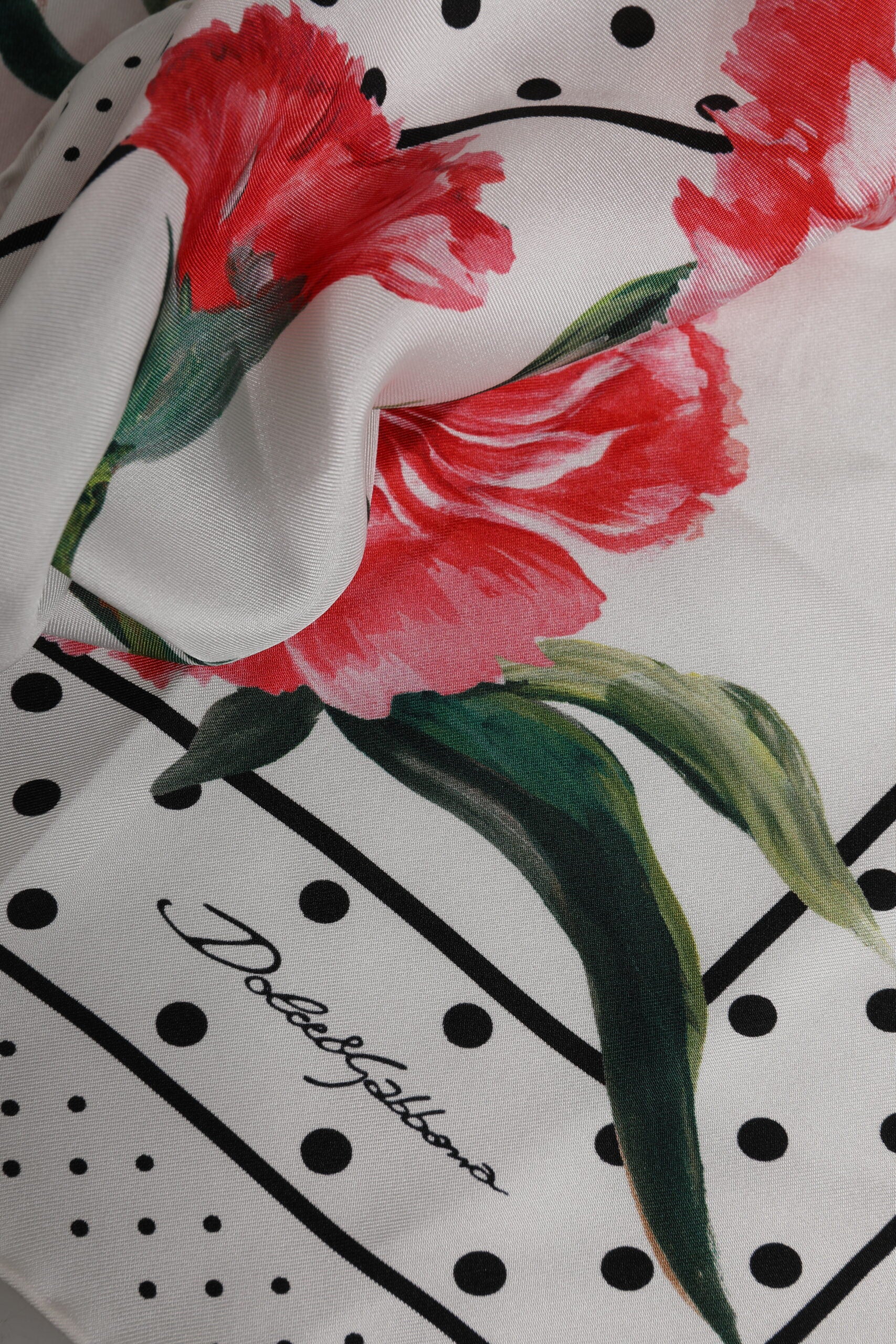 White Floral Print Silk Square Foulard Scarf