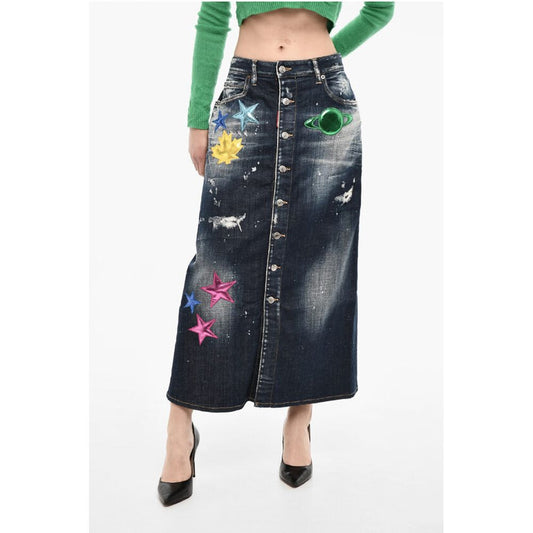 Denim Maxi Skirt With Metallic Leather Patches