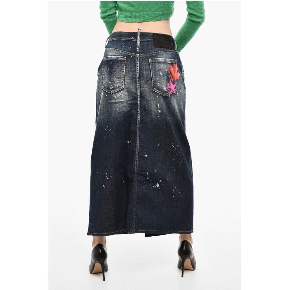 Denim Maxi Skirt With Metallic Leather Patches