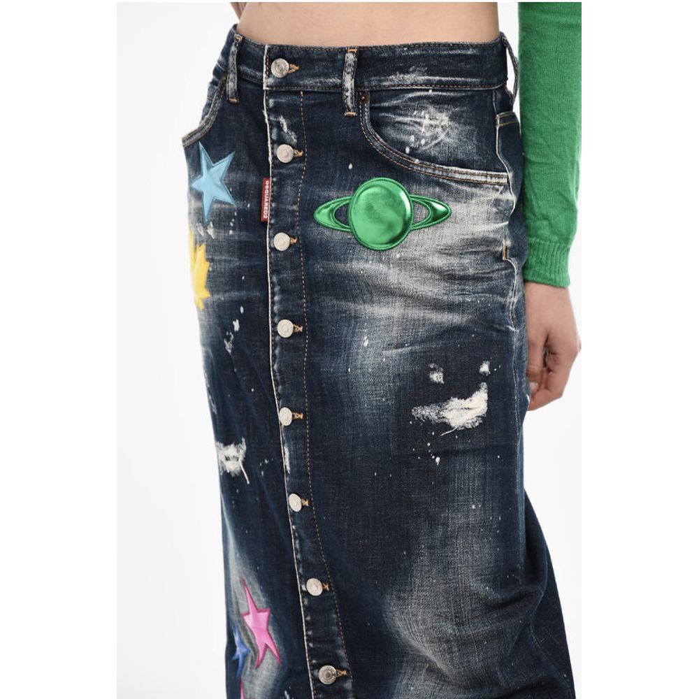 Denim Maxi Skirt With Metallic Leather Patches