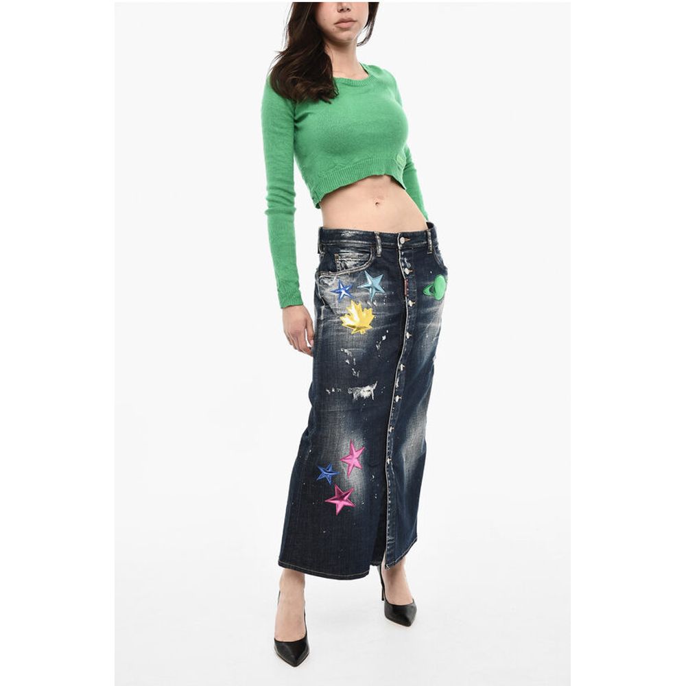 Denim Maxi Skirt With Metallic Leather Patches