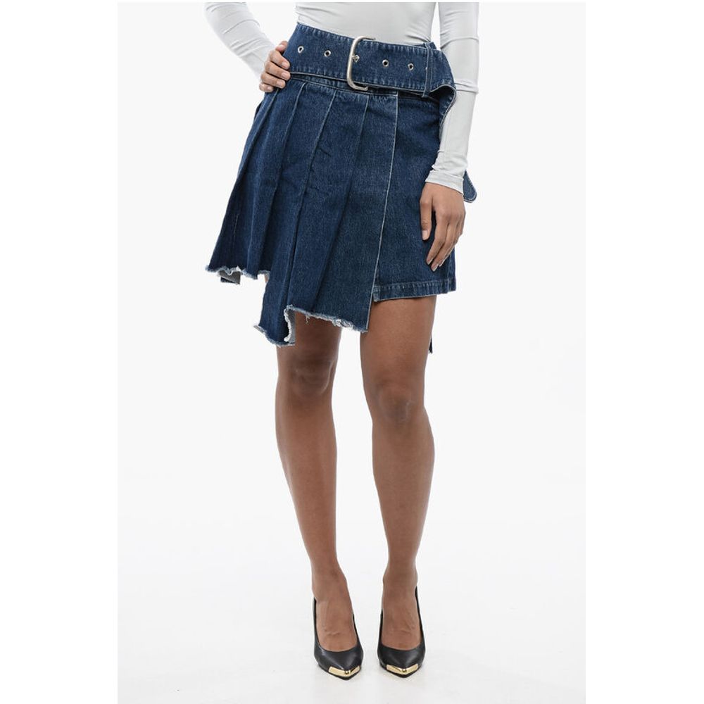 Pleated Asymmetric Denim Skirt