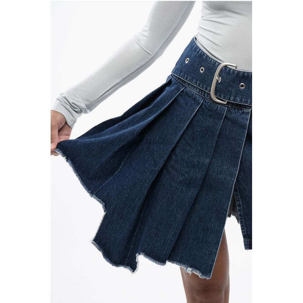 Pleated Asymmetric Denim Skirt