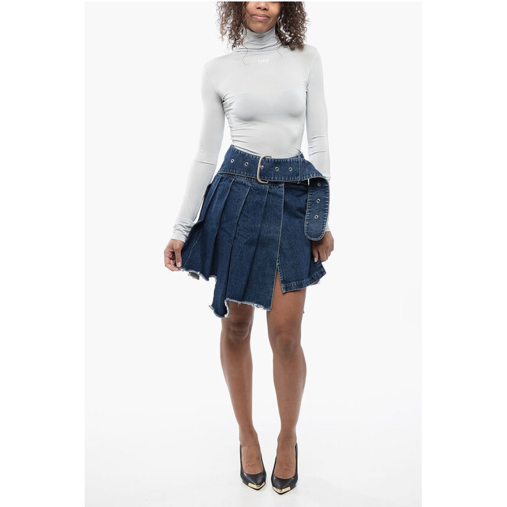 Pleated Asymmetric Denim Skirt