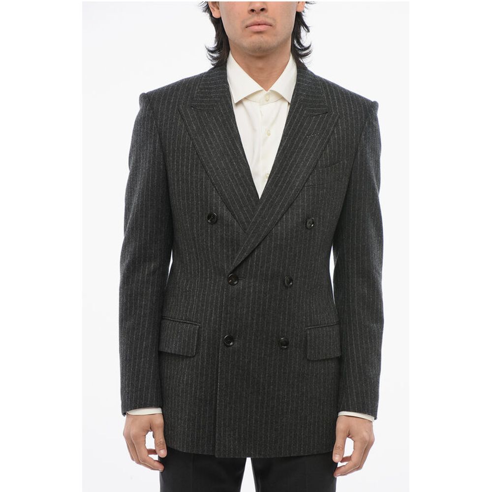 Pinstripped Wool Double- Breasted Blazer with Peak Lapel