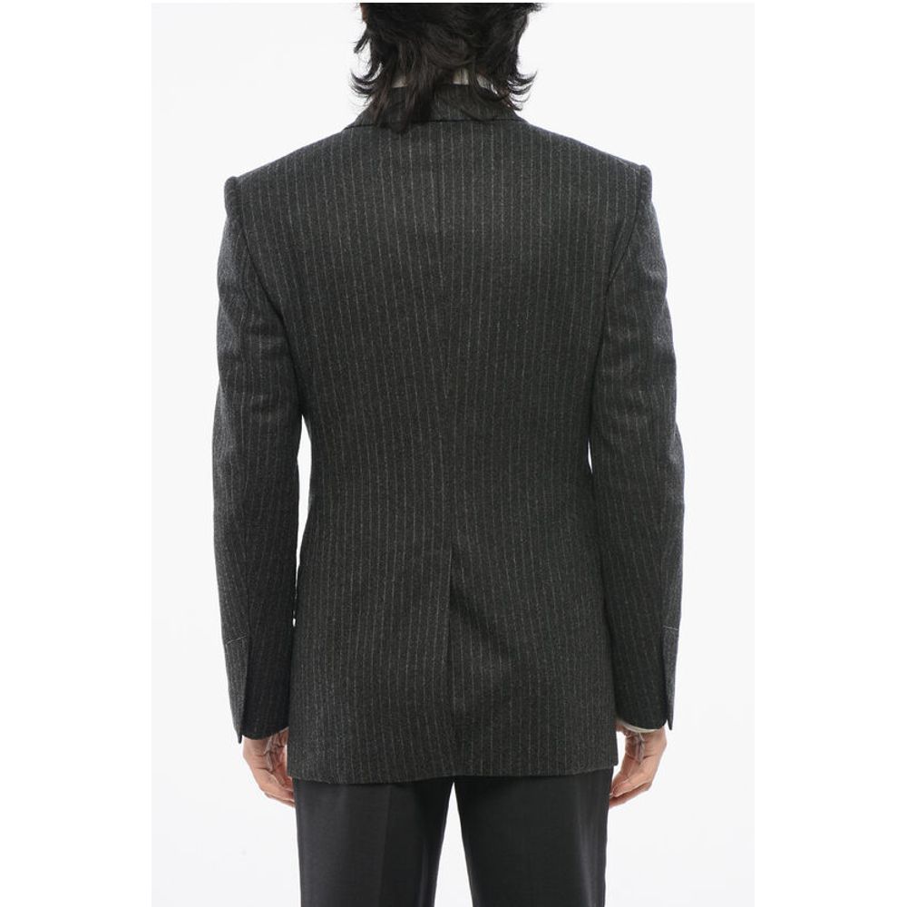 Pinstripped Wool Double- Breasted Blazer with Peak Lapel