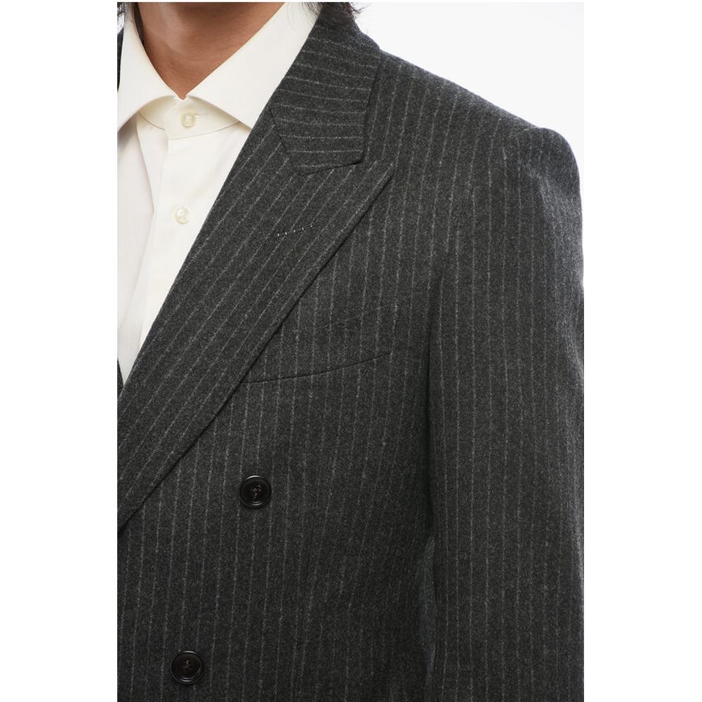 Pinstripped Wool Double- Breasted Blazer with Peak Lapel