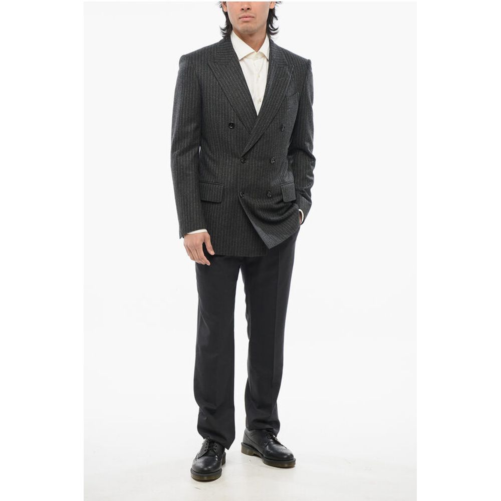 Pinstripped Wool Double- Breasted Blazer with Peak Lapel