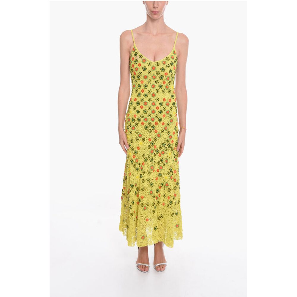 Viscose-crochet Flared Dress with Beaded Floral Motif
