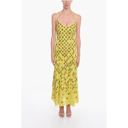 Viscose-crochet Flared Dress with Beaded Floral Motif