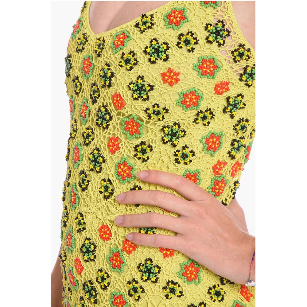 Viscose-crochet Flared Dress with Beaded Floral Motif
