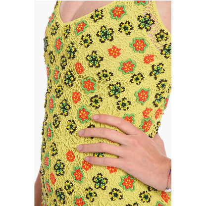 Viscose-crochet Flared Dress with Beaded Floral Motif