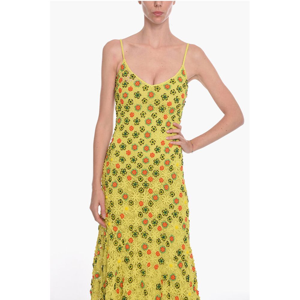 Viscose-crochet Flared Dress with Beaded Floral Motif