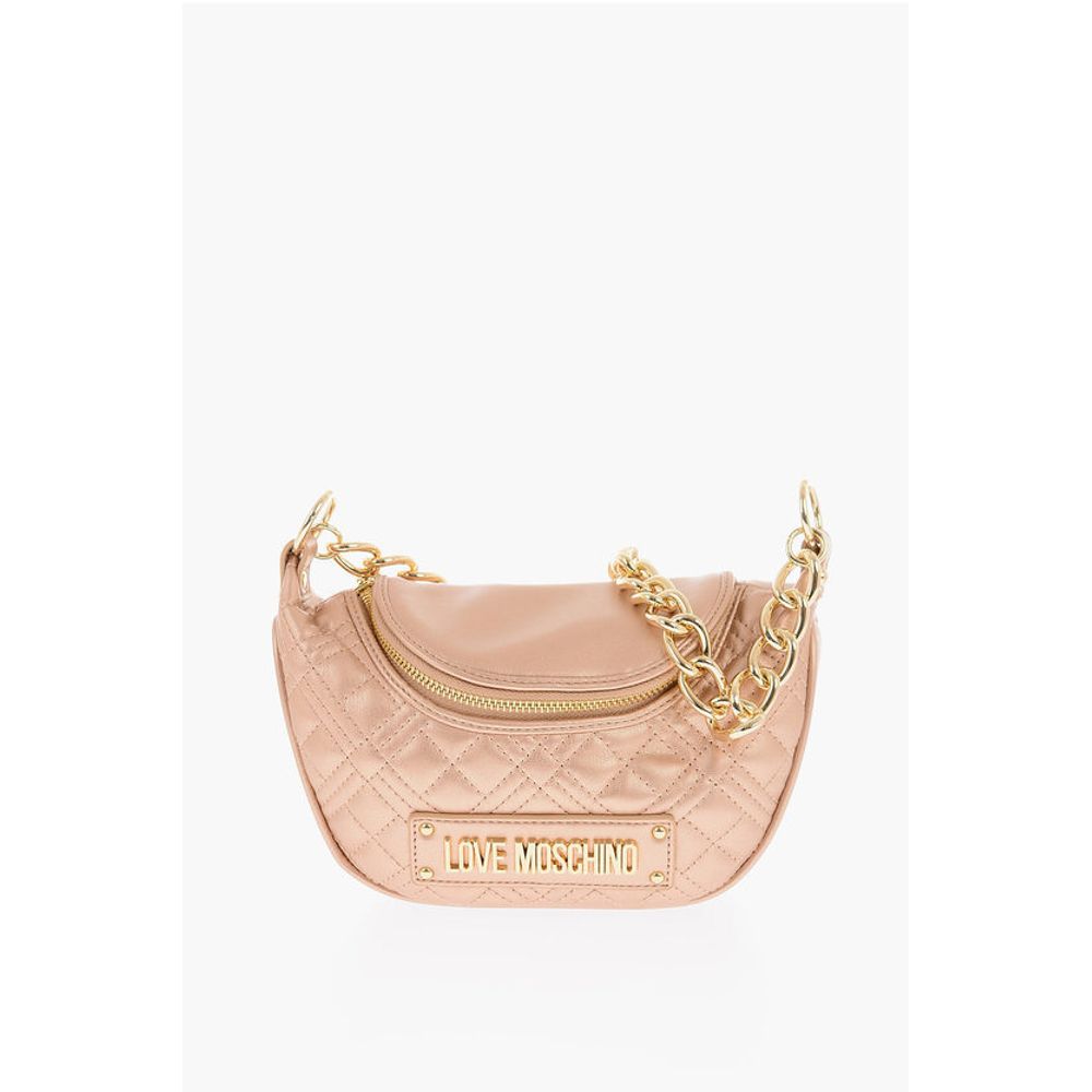 LOVE Quilted Shiny Faux Leather Crossbody Bag with Golden Ch