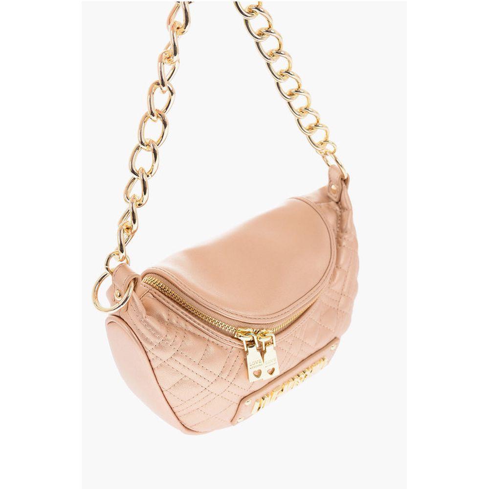 LOVE Quilted Shiny Faux Leather Crossbody Bag with Golden Ch