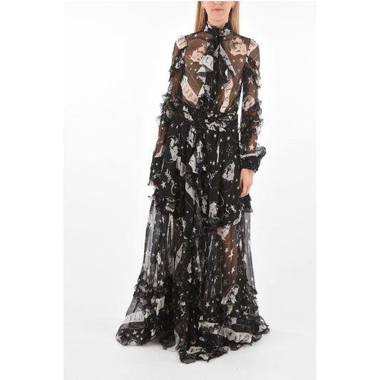 COUTURE EST.1978 Sheer silk ruffles floor dress with tie nec