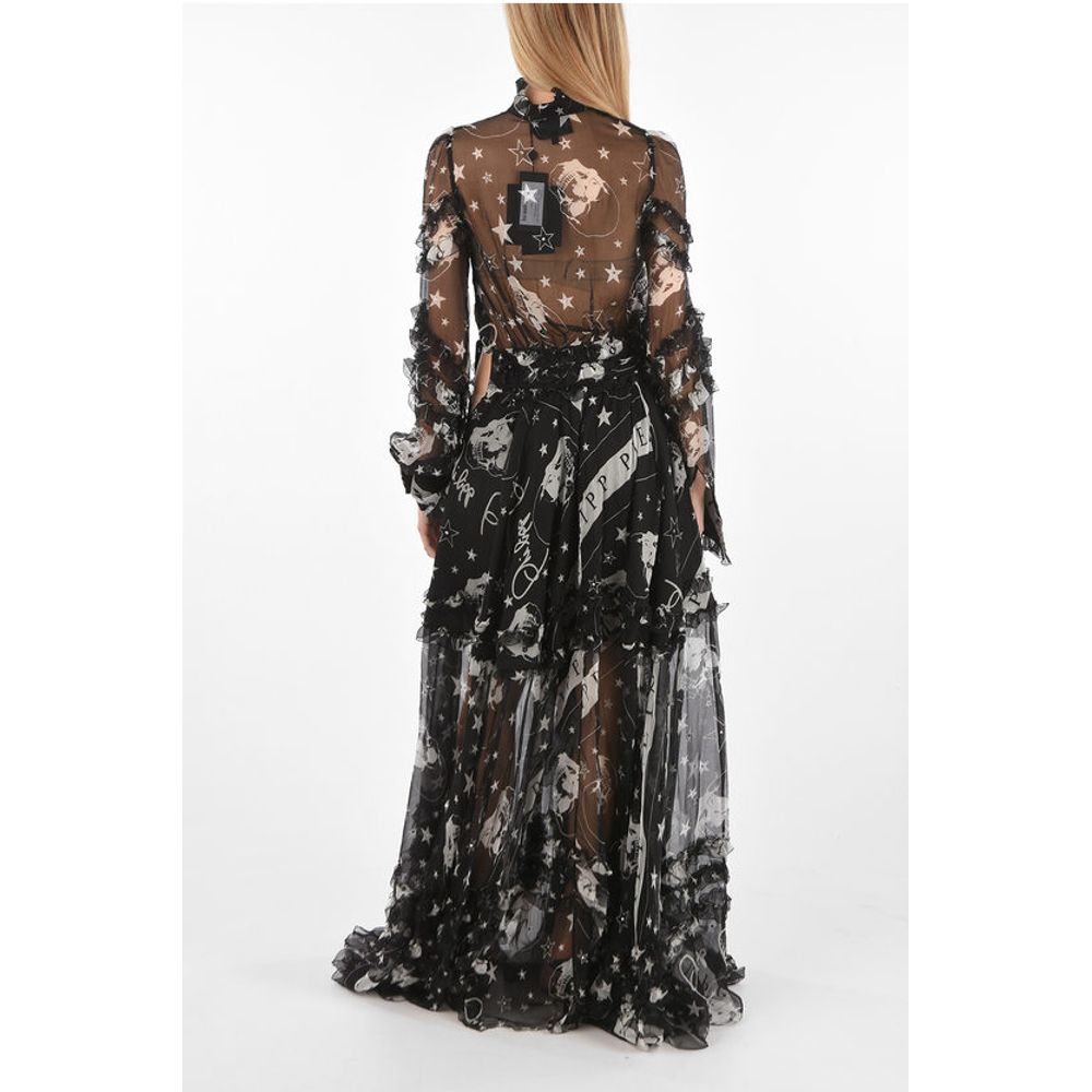 COUTURE EST.1978 Sheer silk ruffles floor dress with tie nec