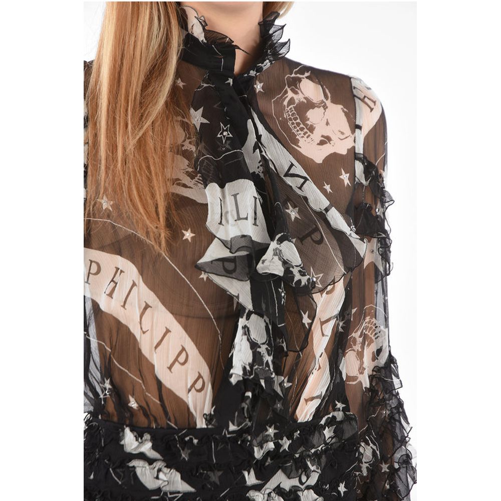 COUTURE EST.1978 Sheer silk ruffles floor dress with tie nec