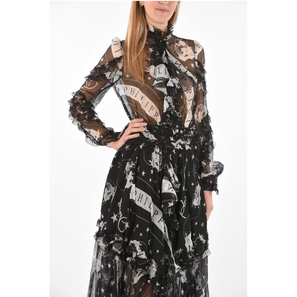 COUTURE EST.1978 Sheer silk ruffles floor dress with tie nec