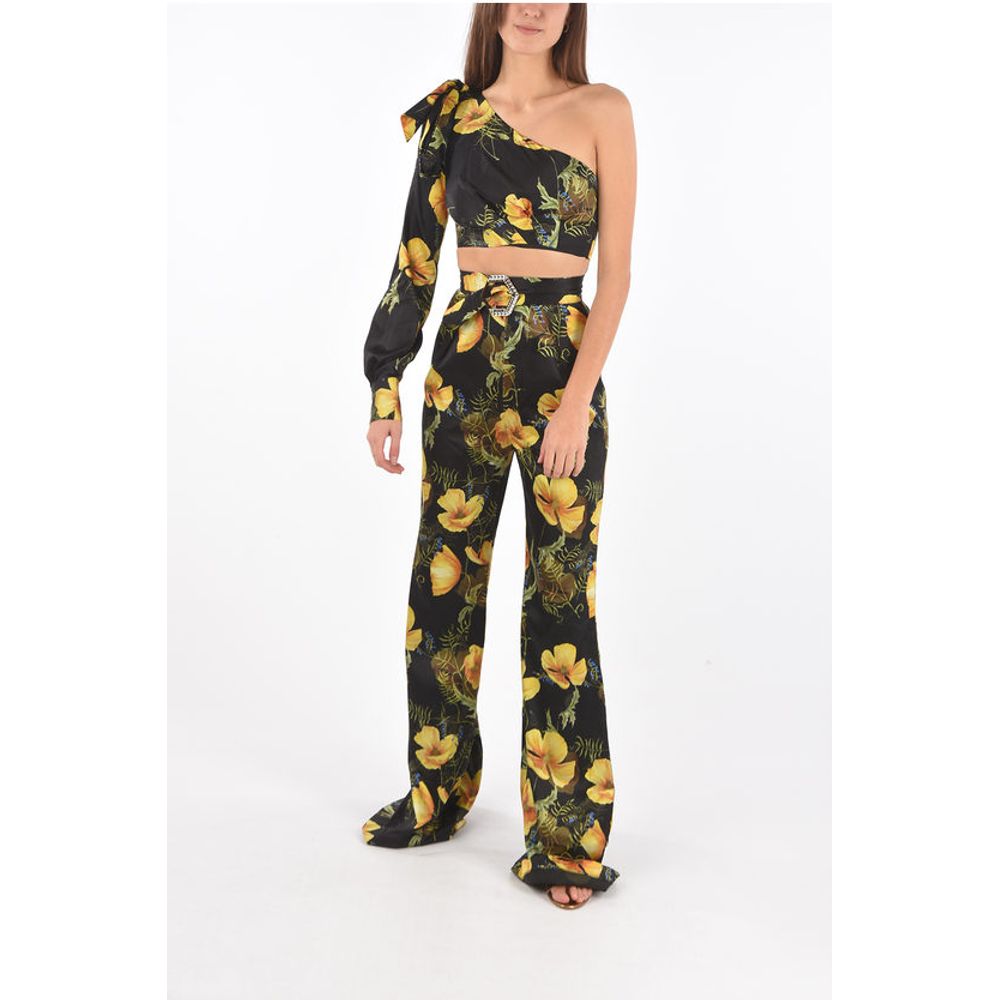 COUTURE silk boot cut pants suit with one shoulder crop top
