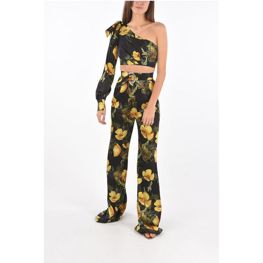 COUTURE silk boot cut pants suit with one shoulder crop top