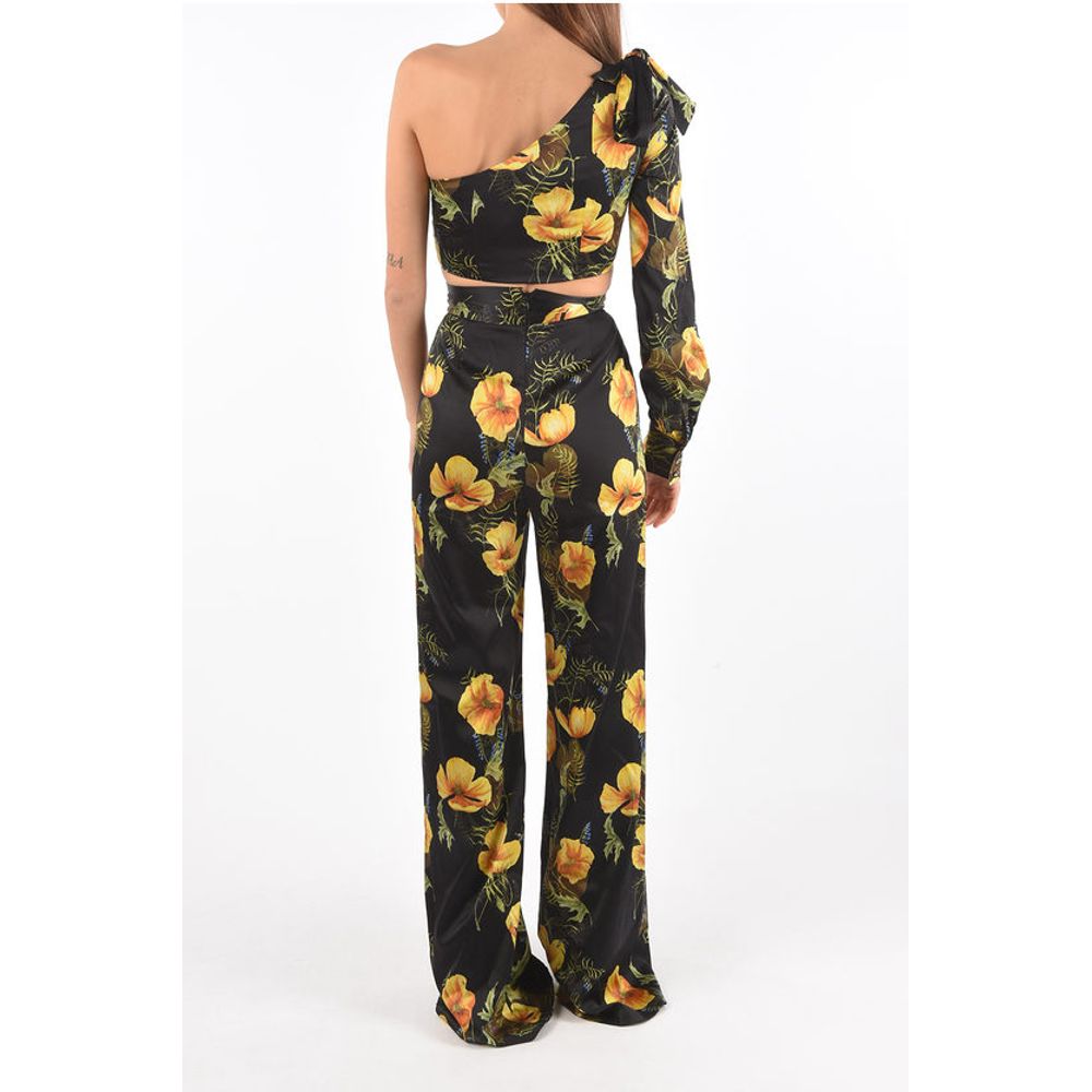 COUTURE silk boot cut pants suit with one shoulder crop top