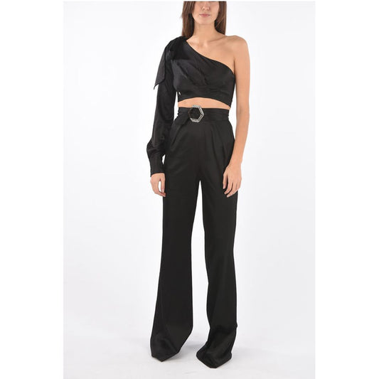 COUTURE silk boot cut pants suit with one shoulder crop top