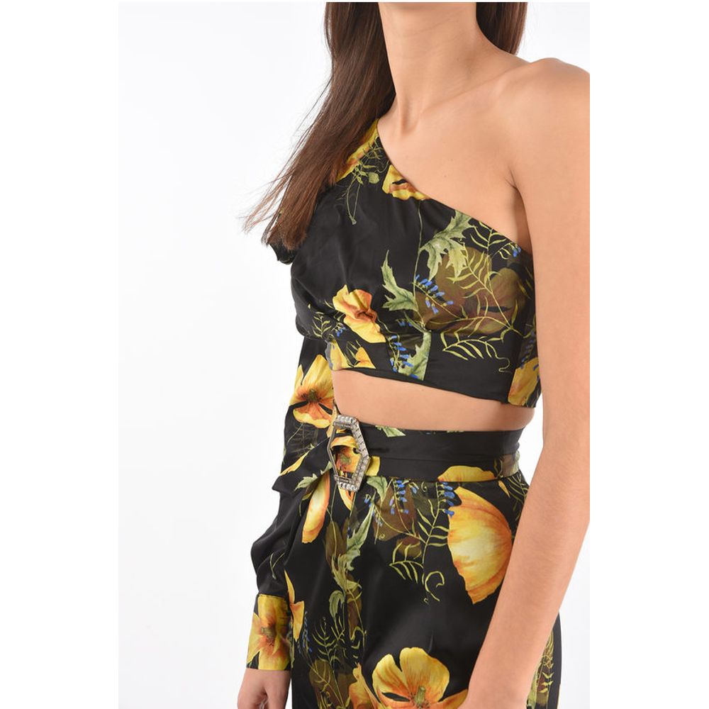 COUTURE silk boot cut pants suit with one shoulder crop top