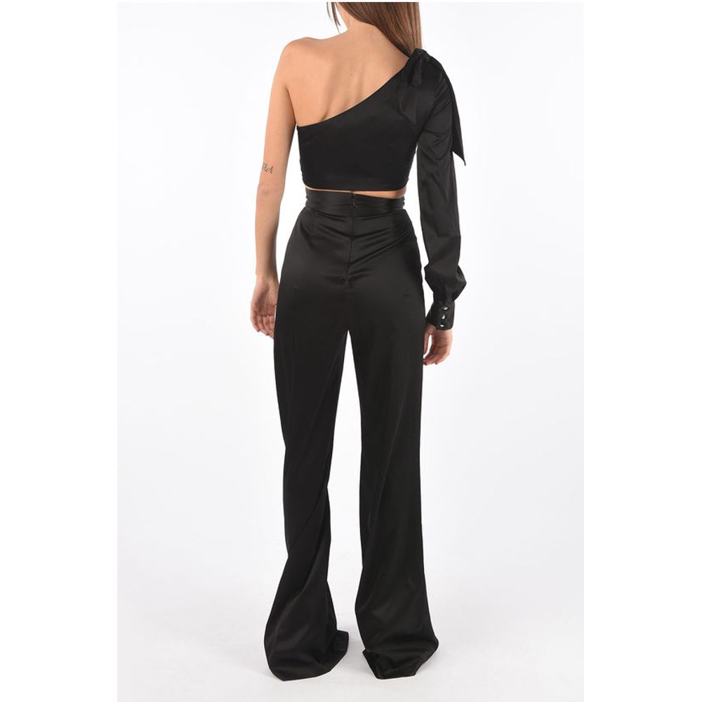 COUTURE silk boot cut pants suit with one shoulder crop top