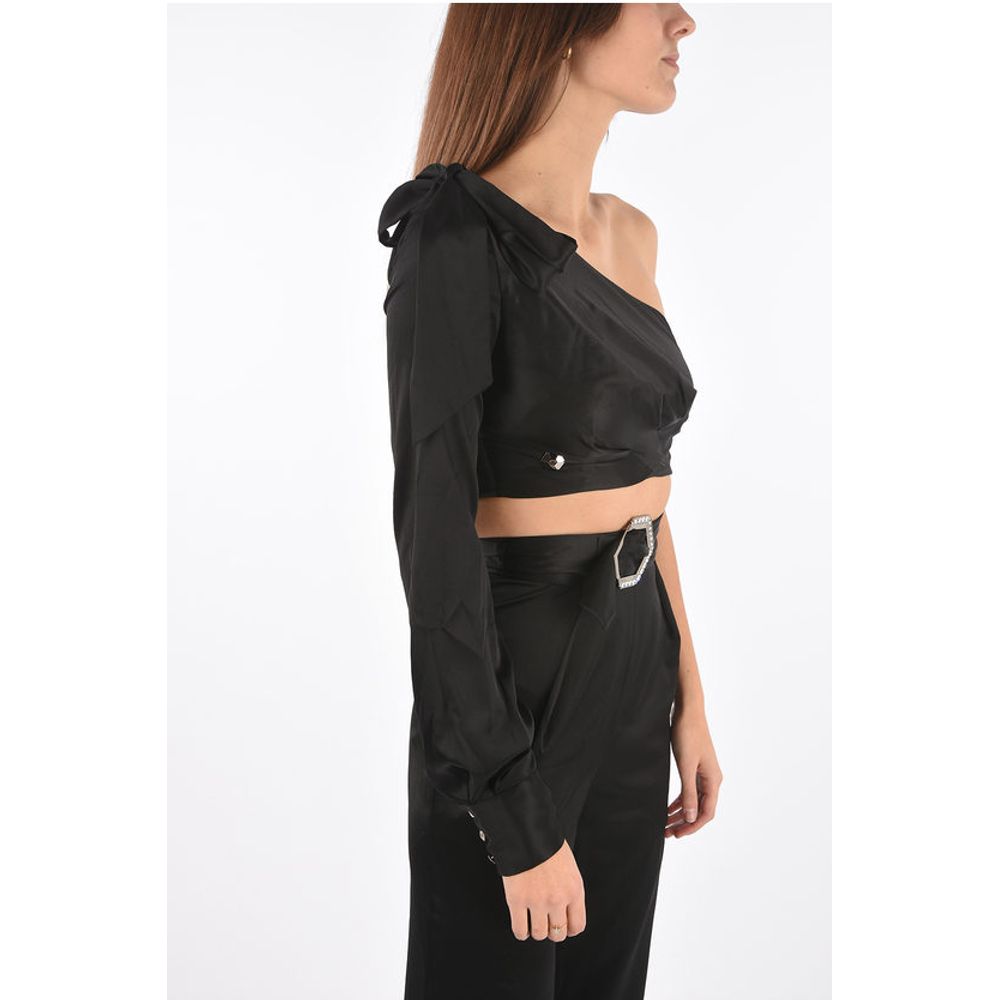COUTURE silk boot cut pants suit with one shoulder crop top