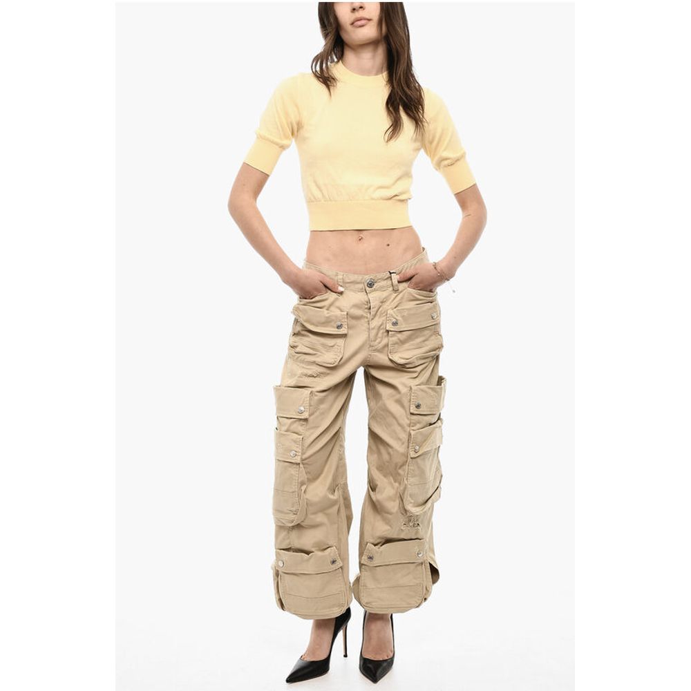 Distressed Cargo Pants with Logo Buttons