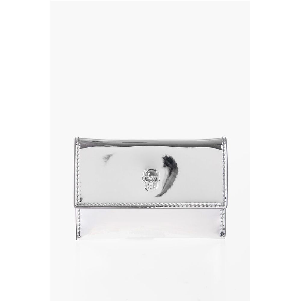 Mirrored Leather Card Holder with Skull Button