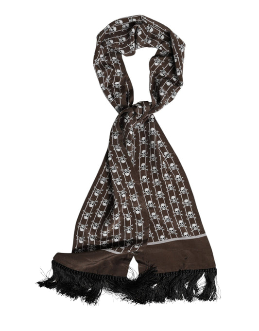 Brown Skulls Print Fringes Men Foulard Scarf