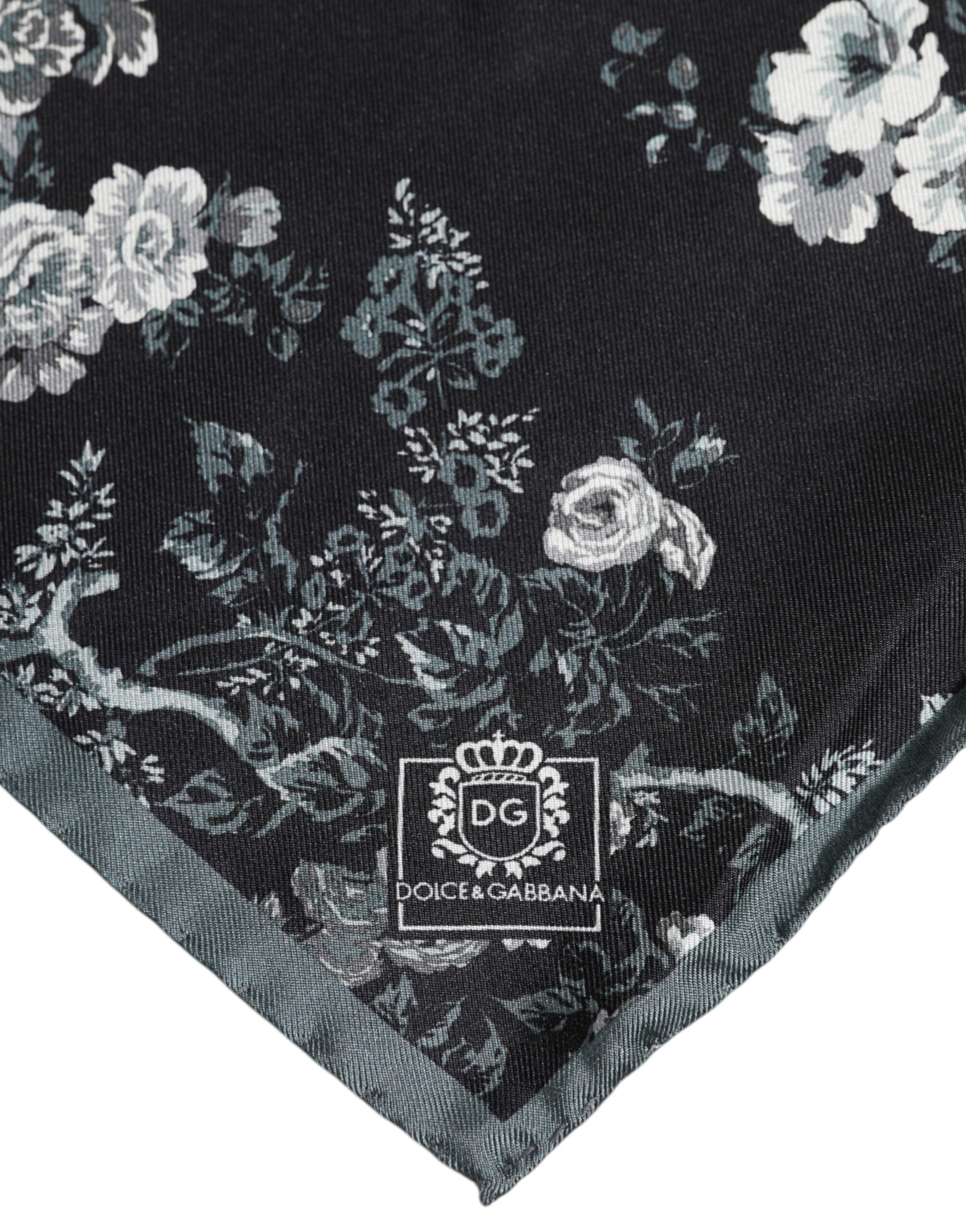 Black Floral Silk Square Foulard Scarf