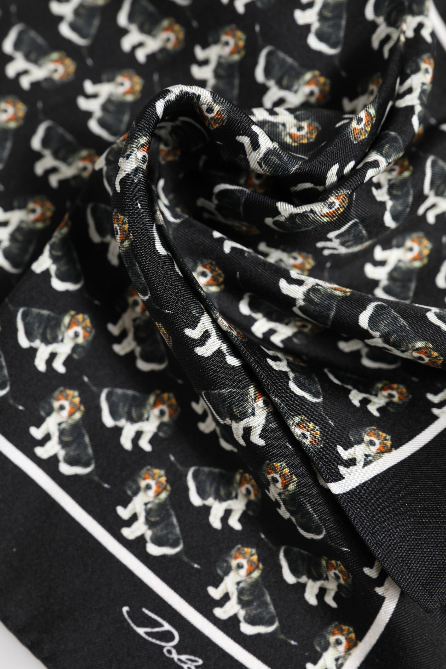 Black Dog Print Silk Square Foulard Scarf